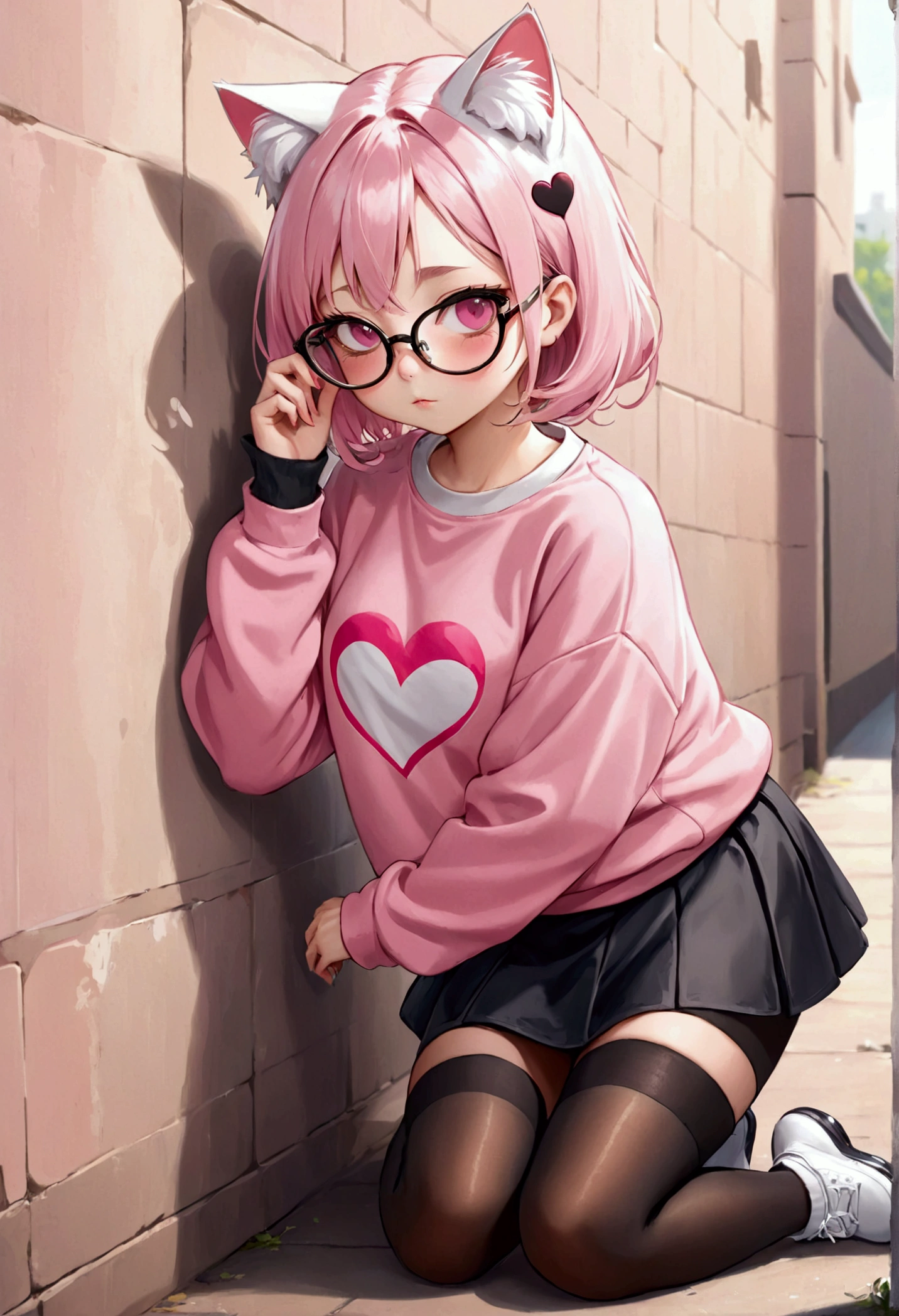I have white pink hair, cat ears, A good, My face is super flushed, black glasses, pink heart eyes, a big pink sweatshirt, a black skirt, black stockings, White shoes, A cat'cola, A woman. very shy that is stuck to a wall with her butt