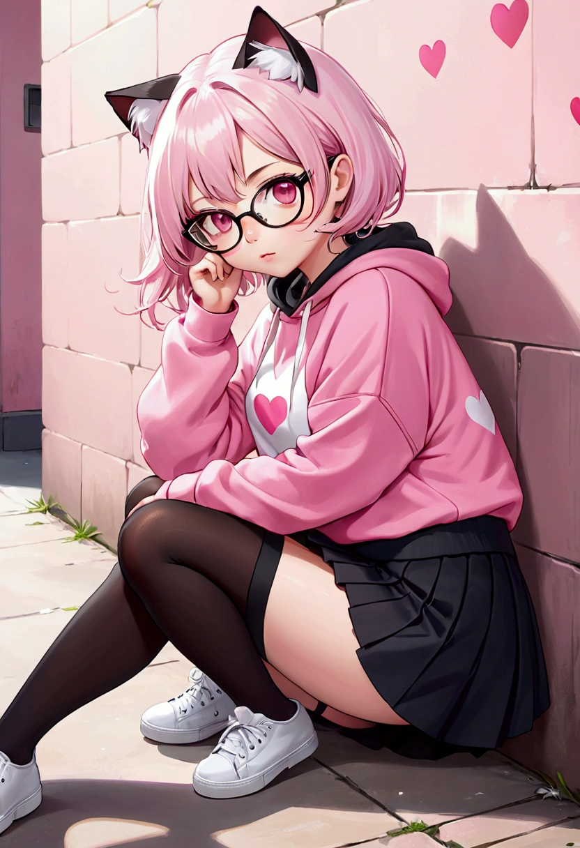 I have white pink hair, cat ears, A good, My face is super flushed, black glasses, pink heart eyes, a big pink sweatshirt, a black skirt, black stockings, White shoes, A cat&#39;cola, A woman. very shy that is stuck to a wall with her butt