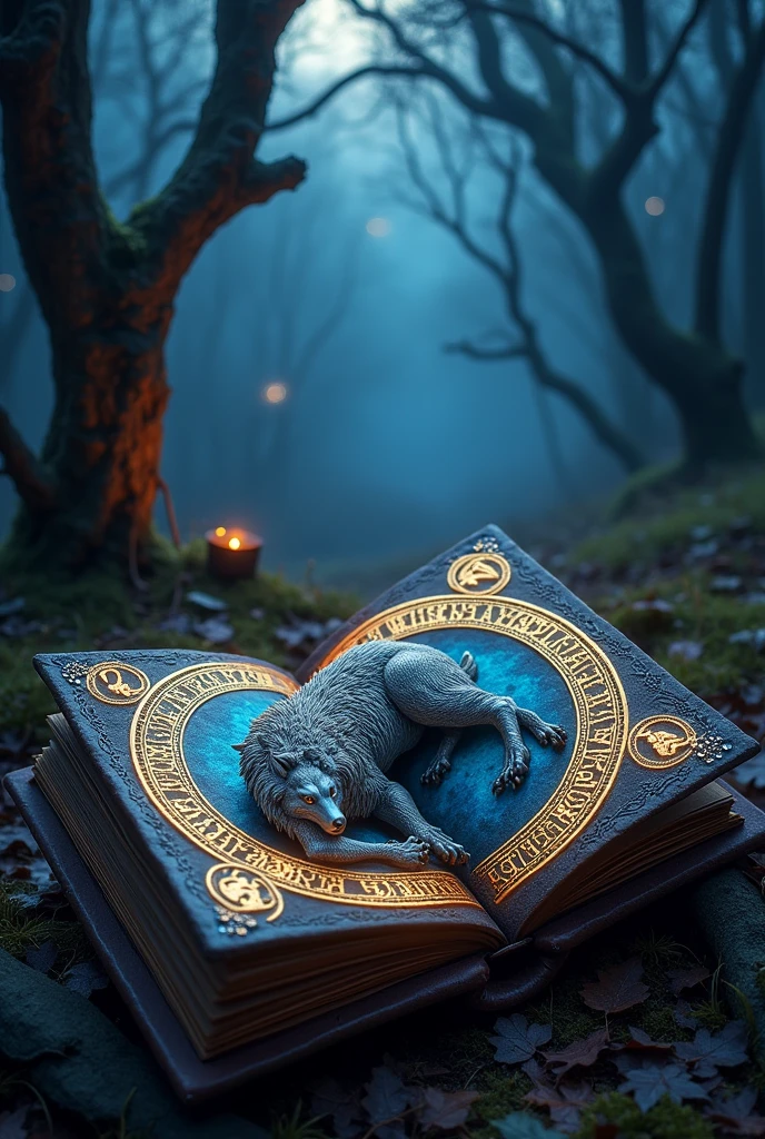 A magical grimoire with a werewolf on the cover and magical runes on it