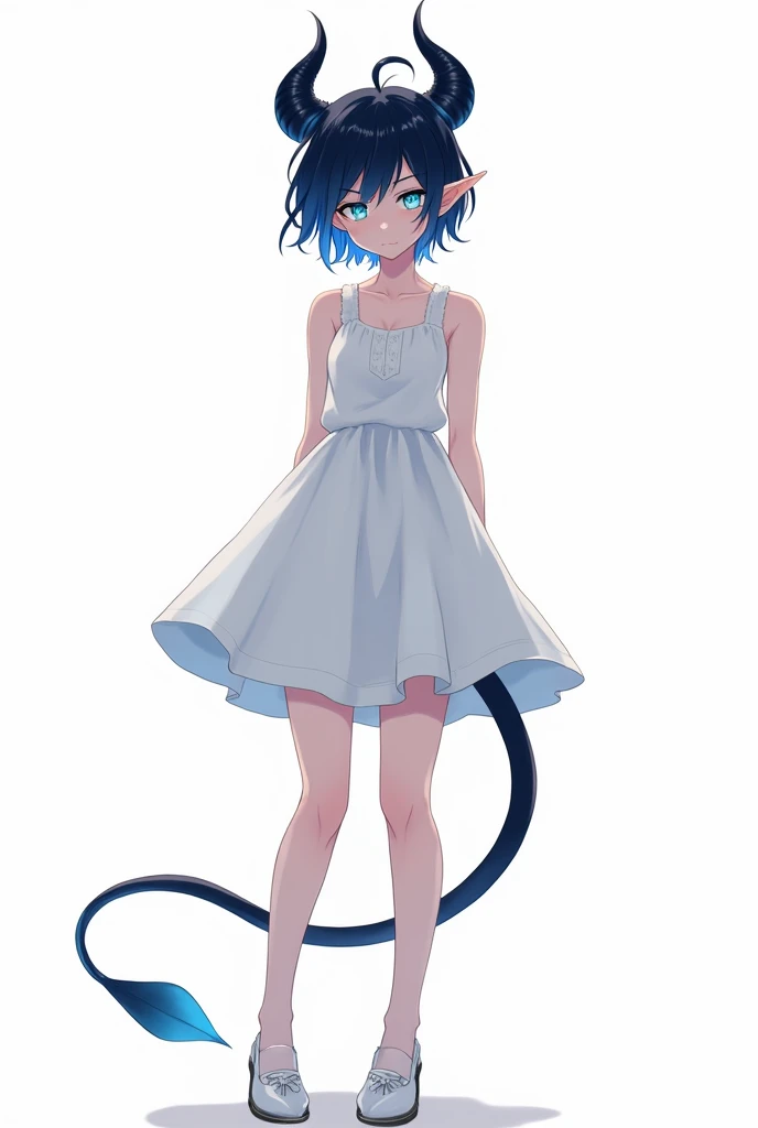 score_9, score_8_up, score_7_up,((best quality)), absurdnes, ((best quality)), CoquelinePXL, 1 femboy, feminine male, adult, 20 years old, black pupil, glowing blue iris, black sclera, blue skin, short peekaboo style hair((white outside, black inside)), pointy elf ears, bluish-black short demon horns, azure blue demon tail, white empire waist dress, mini skirt, sleeveless, turtle neck, solid white background, solo, hand on waist, looking at viewer, big ass, flat chest, no clevage, anime inspired art