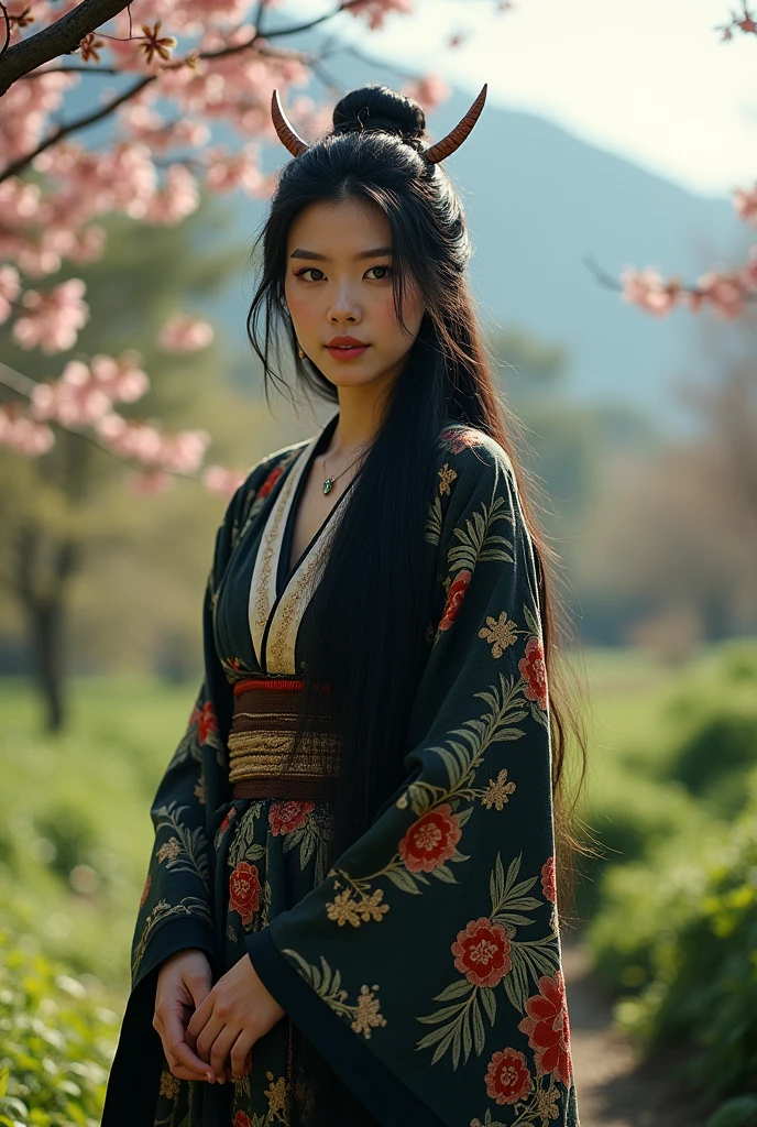 (photorealism:1.2), japanese shamaness priestess young beautiful cute girl black long hair ritual make up, traditional garments, outside purity nature tattoos historical Japan