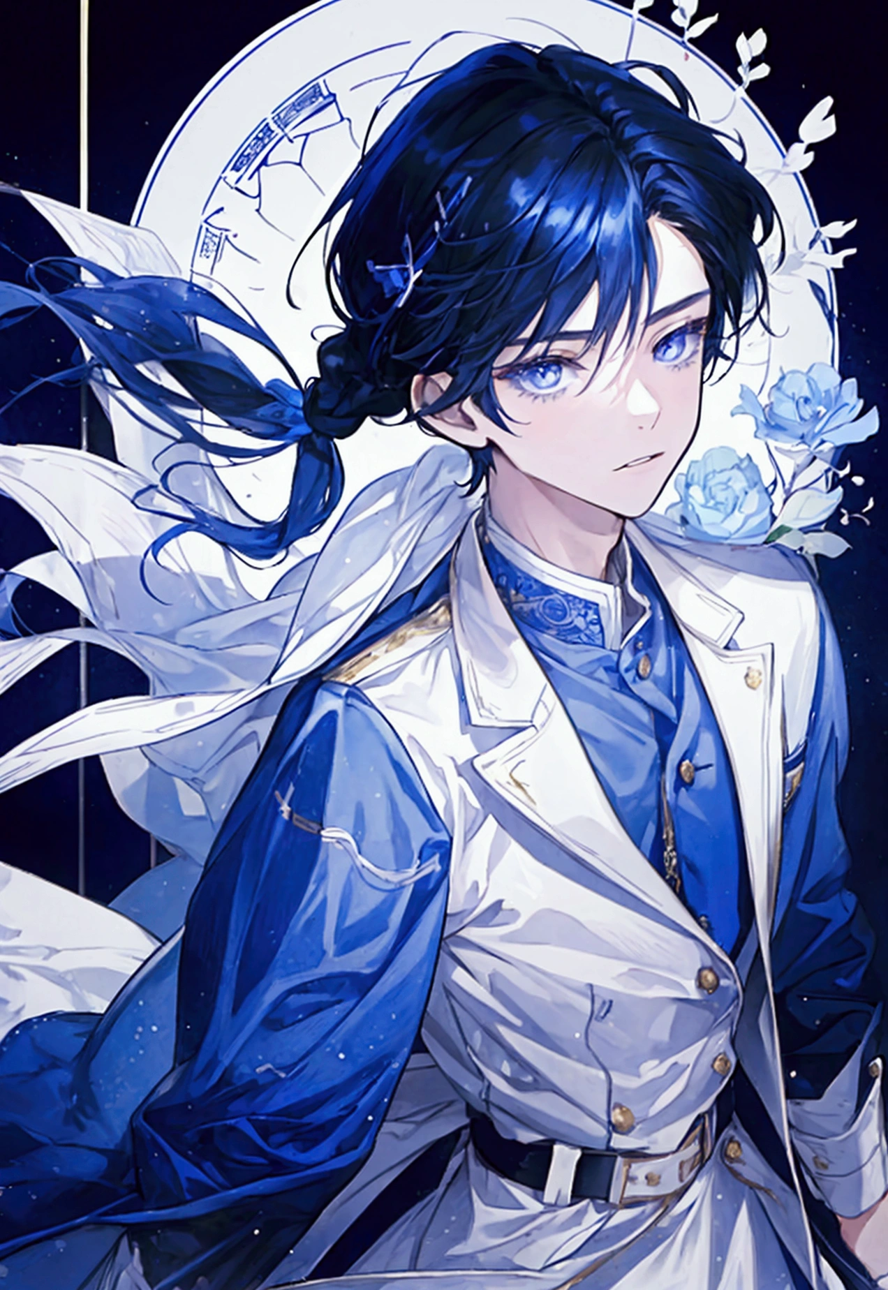 boy (19 years old) ( 1 person ) , wear a dress (high school student) , long hair (white) , eye ( Indigo ) ,
