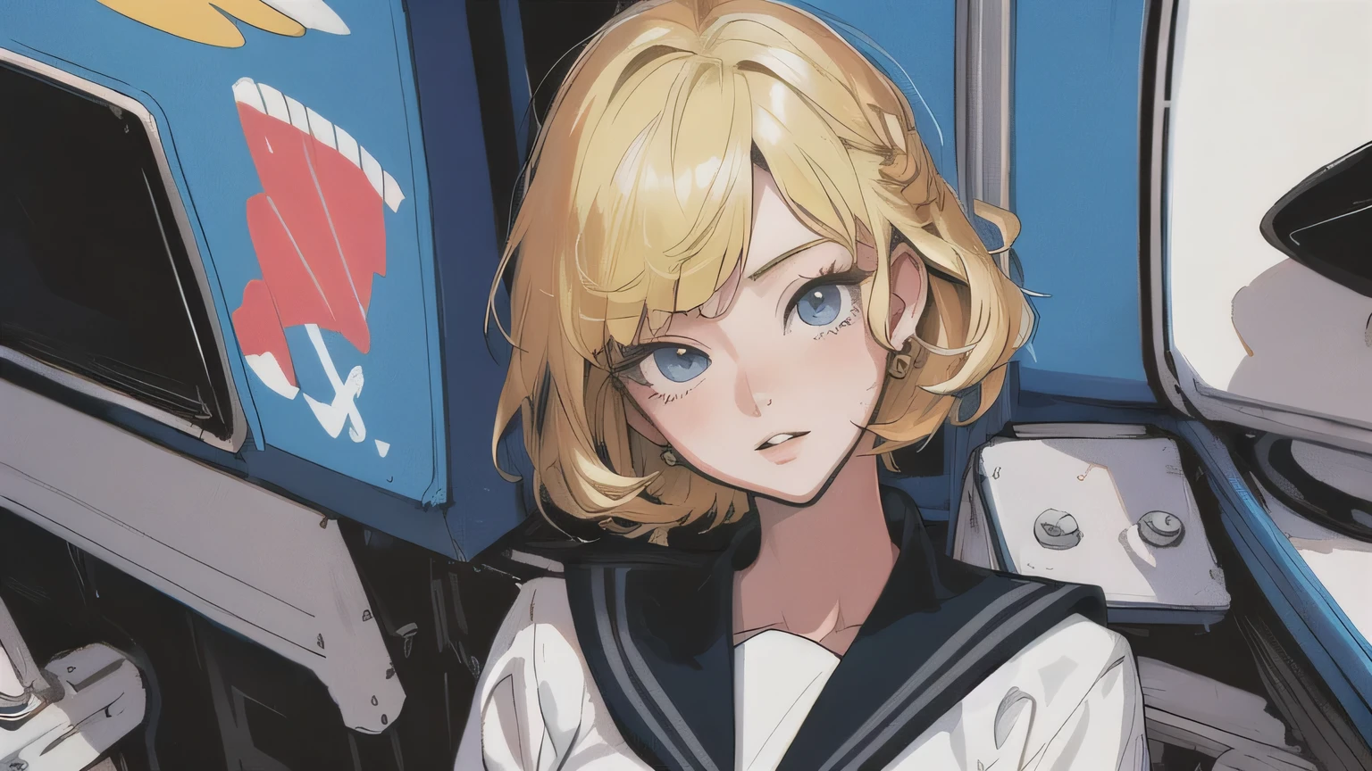 (masterpiece, Highest quality), 80s anime style, Blonde girl with short bob, Sailor suit, cool, High contrast