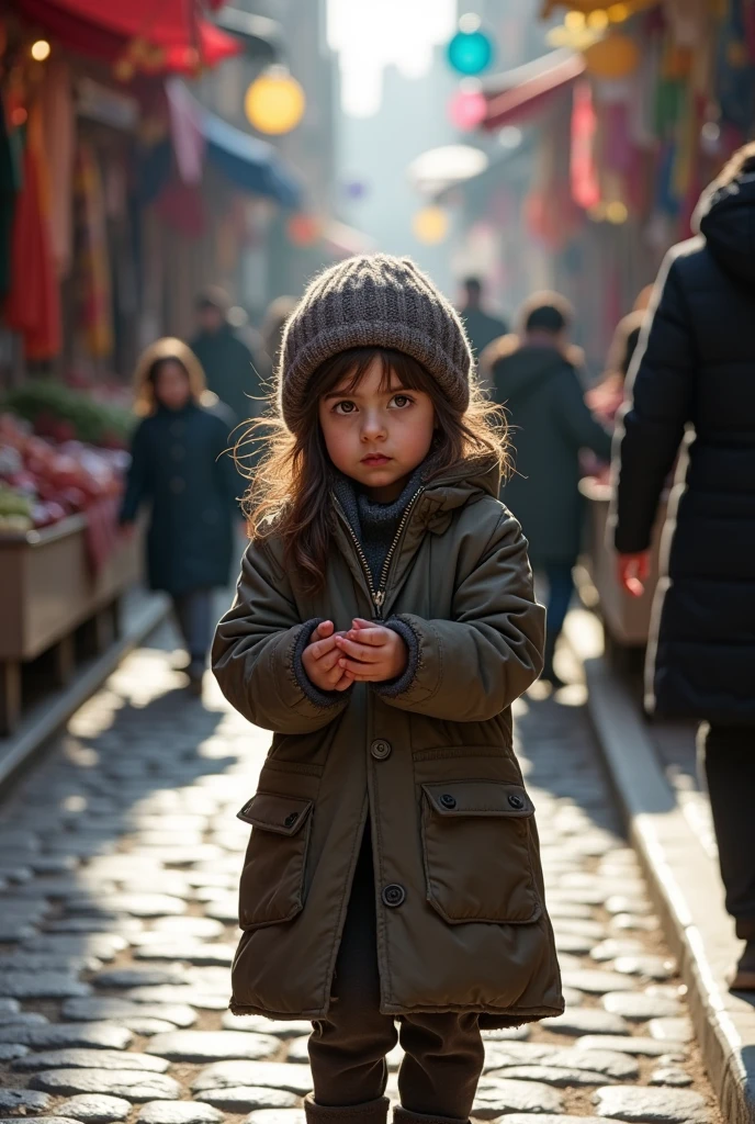 A beggar girl asking for money in the street