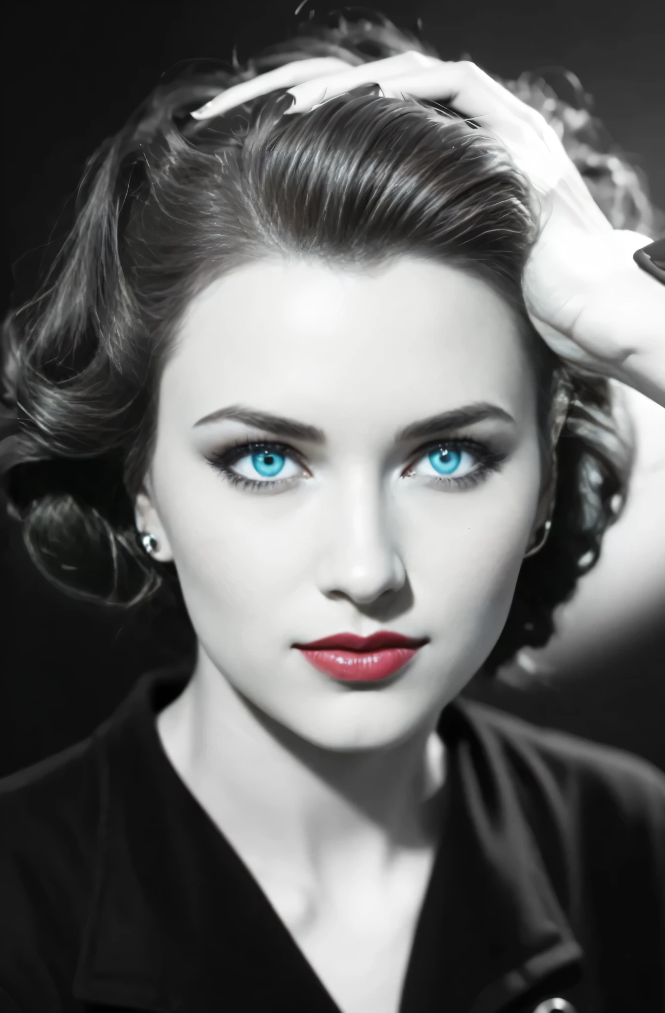 Eva Braun, beautiful young girl in the style of the 40s, sexy girl, 25 years old, hairstyle Eva Braun, hair color Eva Braun, beautiful face Eva Braun, large expressive blue eyes Eva Braun, eyebrows Eva Braun, long black thick eyelashes, straight Eva Braun's chiseled nose, full, juicy lips, Eva Braun's fair skin, bright makeup from the 40s, scarlet lipstick on the lips, slender beautiful figure, Eva Braun beautiful breasts Eva Braun, thin waist, long slender legs Eva Braun, black high-top shoes heels, high heels, women's brown jacket of the 40s, brown straight skirt of the 40s, large earrings, huge earrings, beautiful symmetrical fingers, red manicure, look at the viewer, full-length photograph, Realism, UHD, retina, masterpiece, accurate, anatomically correct, textured skin, super detail, high details, high quality, award winning, best quality, highres, 1080P