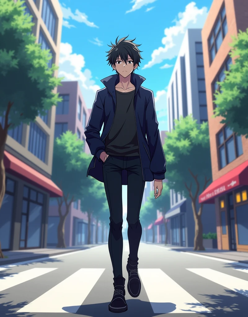 1 boy, teenager, stylish clothes, character Yuichiro Hyakuya from the anime Owari No Seraph, full body, walking down the street, background of buildings and stores