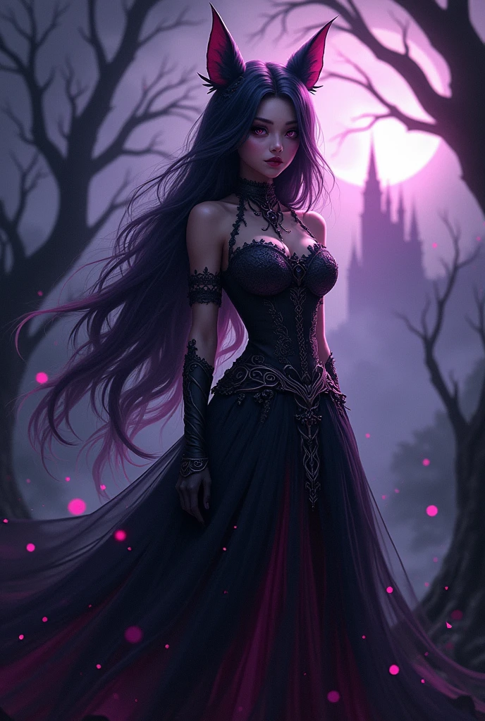 Persephone, full body potrait of a photorealistic beautiful violet hair seductress, devilish, messy hair, in a dark garden, hell, gloomy, exotic black and violet vilain dress, choker style colar, blood color eyes, detailed face, goth, full body, dark fantasy, bloody flowers, overcast, foggy