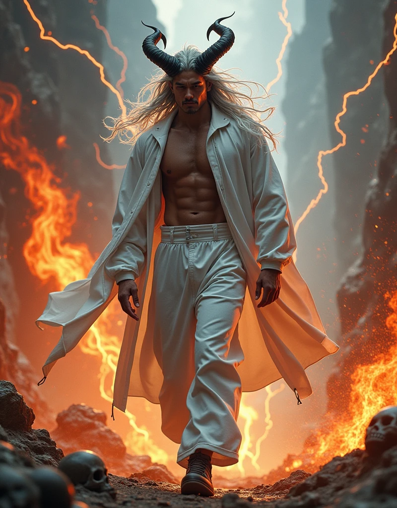 Muscular man, alone, white windbreaker, white long pants, white hair, black locks of hair, Japanese-looking man, dragon horns, violet-colored military boots, evil smile, dark brown eyes, fantasy scenery, walking through the flames of darkness., (Whirling lightning of skull),(insane unrealengine5,epic tMasterpiece,max best quality, ultra-highdef XT3 ultra-highres),ultra-detailed,ultra sharp focus, naked, varies,multi, etc. --v 6 --s 1000 --c 20 --q 500 --chaos 100