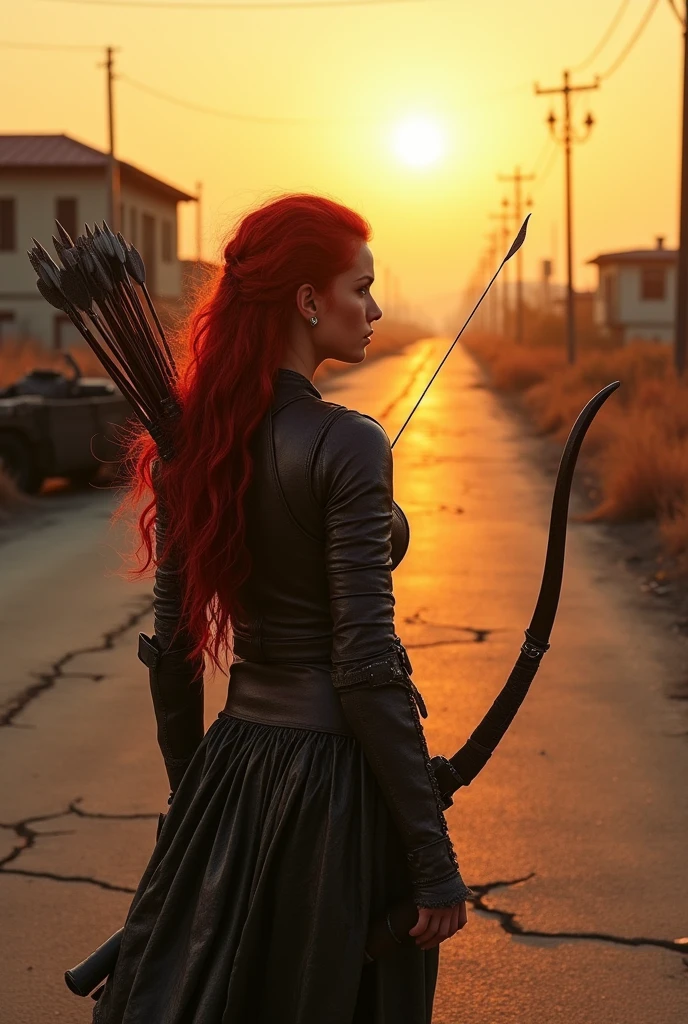 A red-haired archer with her back to the sun, looking down a road in a zombie apocalypse