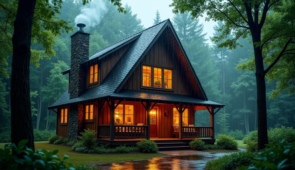 a charming two-story cabin nestled in a forest during rainfall. The cabin features an A-frame structure with illuminated windows and a prominent chimney. The surrounding environment is lush with trees, creating a tranquil and secluded atmosphere. It’s a scene that evokes feelings of coziness and connection to nature. the image detailed, vibrant, taken by canon DSLR, 35mm lens, 4K HD.