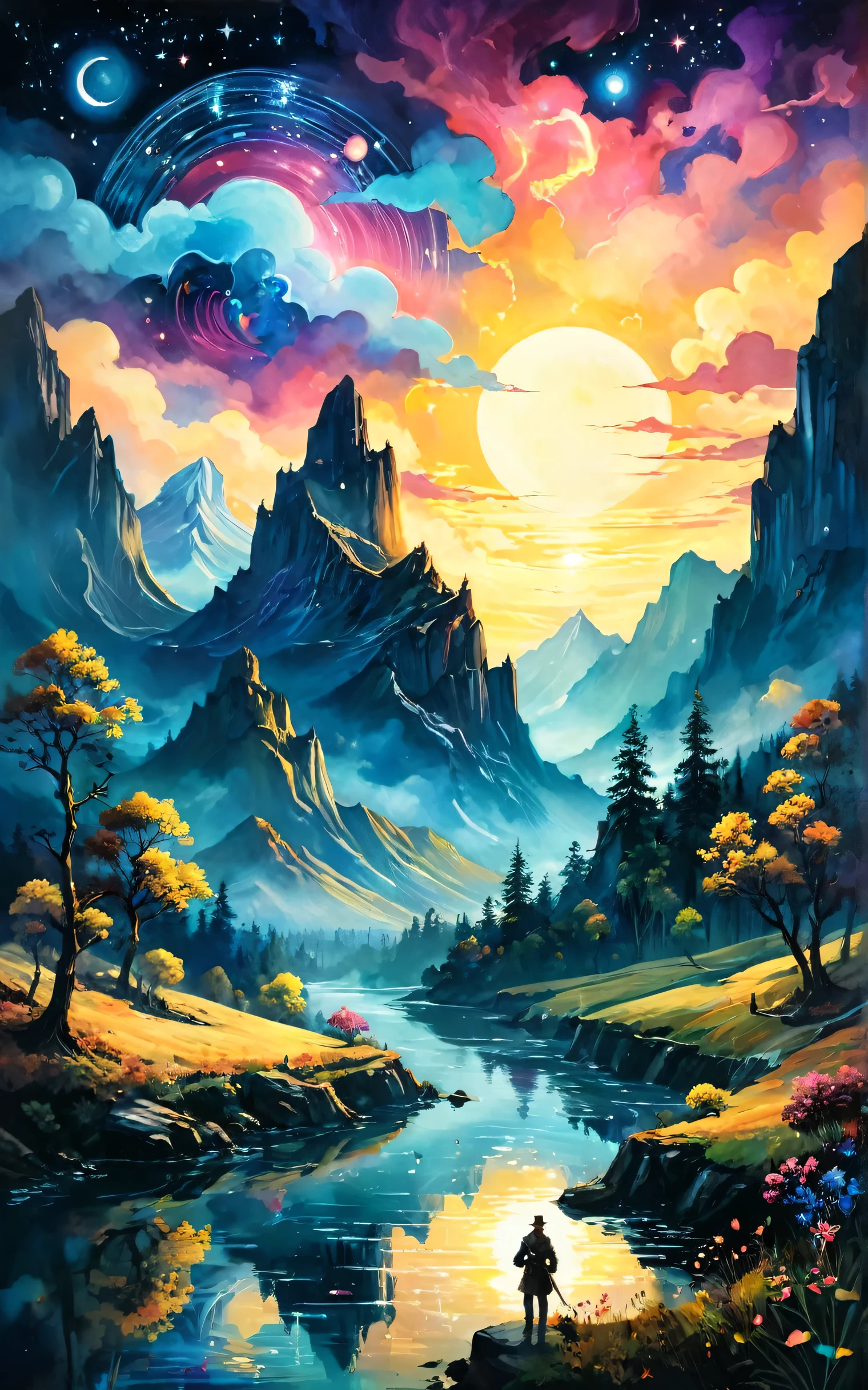 Begin with a dazzling fantastical landscape from ther dimension, brimming with enchanting mystical elements. Immerse this dreamy land in the radiant colors of twilight, enforced by the artistry of Van Gogh, Craola, Dan Mumford, Andy Kehoe, and Miyazaki, alongside acrylic and ink. In the heart of the night, use double exposure techniques to blur the line between reality and magic, bestowing an ultra fine quality. Amidst this eerie setting