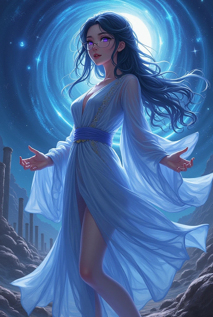 Female anime character who messes with chaos and time, intelligent and with an air of power and mystery, who wears glasses and less vulgar clothes, clothes with a magical and long look