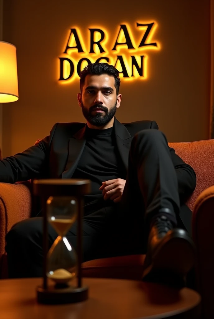 THE ROOM SHOULD BE WITH YELLOW ORANGE LIGHTS, AND A STYLE-BEARD YOUNG MALE CLOTHED IN A BLACK SUIT SIT ON THE SOFA. LET HIM PLACE HIS FEET ON ABOVE. LET THE WRITTEN "ARAZ DOGAN" BE WRITTEN ON THE WALL WITH A 3D LOGO. LET IT BE A LONG HOURGLASS.