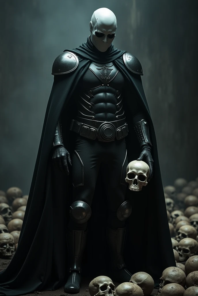 1man, white man, black half-face helmet, villain, evil, glowing black lantern insignia, metal parts, black cape, armor gi, black boots, holding a skull, skulls background