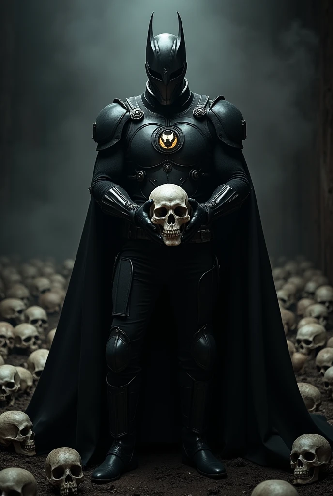 1man, white man, black half-face helmet, villain, evil, glowing black lantern insignia, metal parts, black cape, armor gi, black boots, holding a skull, skulls background