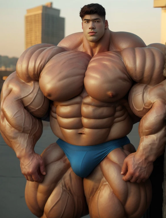 1boy, giant, asian, solo, giant bodybuilder, golden hour, strong body, bulk, large size, standing and leaning on any wall, outdoor, nude, blue triangular underwear with enormous bulge, extraordinary big, brutalmass, giant muscular body, bulk, buff, massive body, large meaty body size, extremely wide body,  tallest body