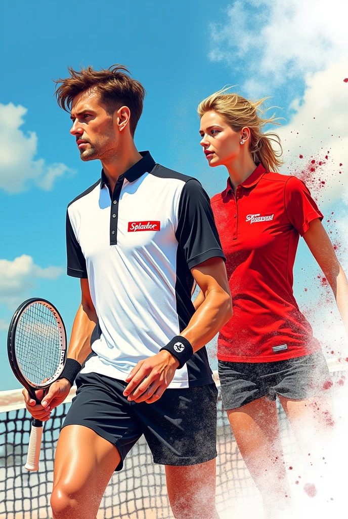 SKETCHES OF men's and women's shirts, pole throat, tighter style, Tennis player, white, black and red, na camisa white e preta o nome "Splashed" fica na cor vermelha e na camisa vermelha a logo fica na cor white, AS IF IT WERE A SKETCH
