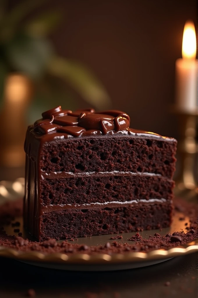 Chocolate cinematic movie scene, bolo de chocolate, darkness background, quality photo, Wet texture, penthouse, studio photo, slice. shallow depth of field, vignettes, highly detailed, high budget, bokeh, cinemascope, temperamental, epic, comely, film grain, grainy.