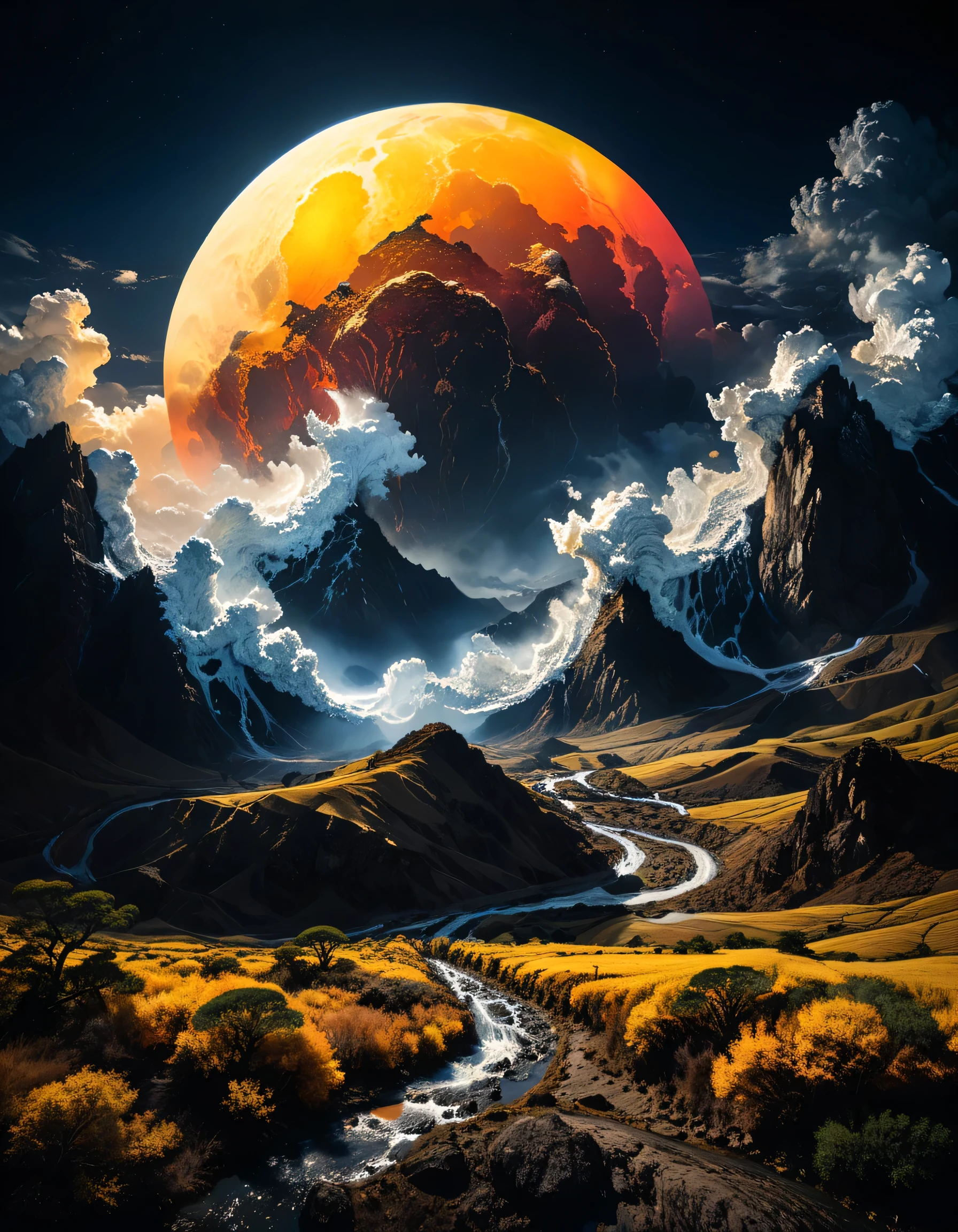 professional photograph of a illuminated and epic landscape  by  Katsuhiro Otomo and Fred Stein and yousuf karsh , bold lines, hyper detailed, dark limited palette, dramatic lighting,  (intricate details, masterpiece, best quality:1.4),

