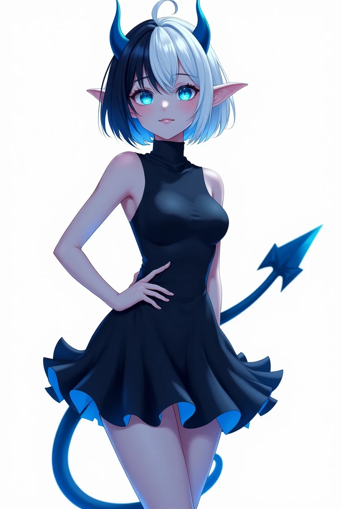 score_9, score_8_up, score_7_up,((best quality)), absurdnes, ((best quality)), CoquelinePXL, 1 femboy, feminine male, adult, 20 years old, black pupil, glowing blue iris, black sclera, blue skin, short peekaboo style hair((white outside, black inside)), pointy elf ears, bluish-black short demon horns, azure blue demon tail, white empire waist dress, mini skirt, sleeveless, turtle neck, solid white background, solo, hand on waist, looking at viewer, big ass, flat chest, no clevage, anime inspired art