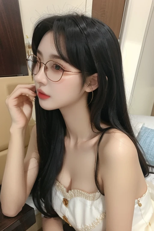 Highest quality、masterpiece、High sensitivity、High resolution、Detailed Description、Slender women、A cup bust、Glasses、Summer clothing、