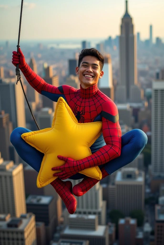 real photo. young Indonesian man wearing a spiderman costume. happy expression. swinging above the building with a net in his right hand while holding a big yellow star doll. New York City atmosphere. real life Ultra-realistic 8K photograph, shot with a Leica Q2, strong color contrast and sharp clarity --ar 9:16 --quality 2 --