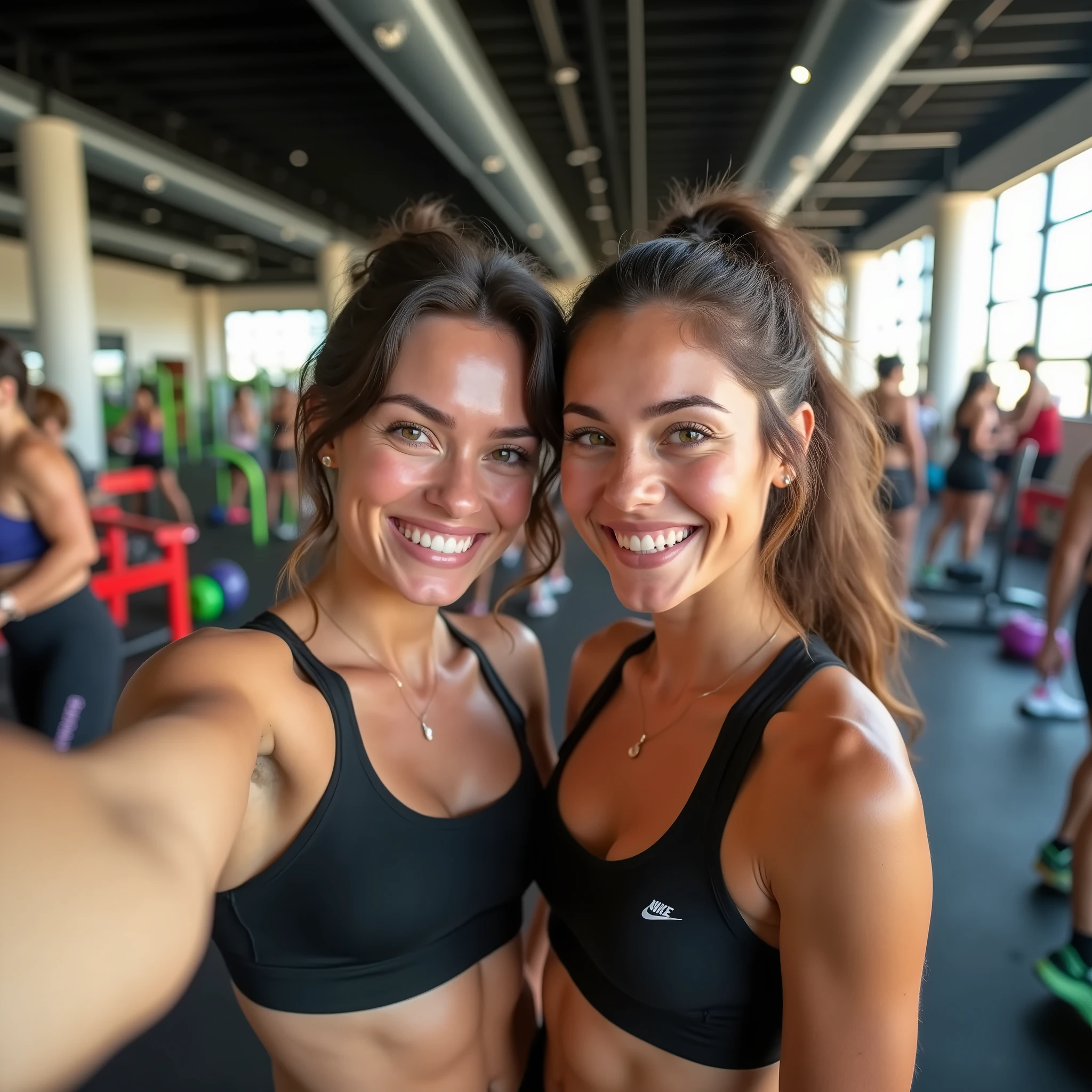 Brunette Instagram influencer, taking a selfie with a friend at the gym, small Nike logo on sport bra, using an iPhone 15 Pro Max, cute smile, working out, a couple people in background