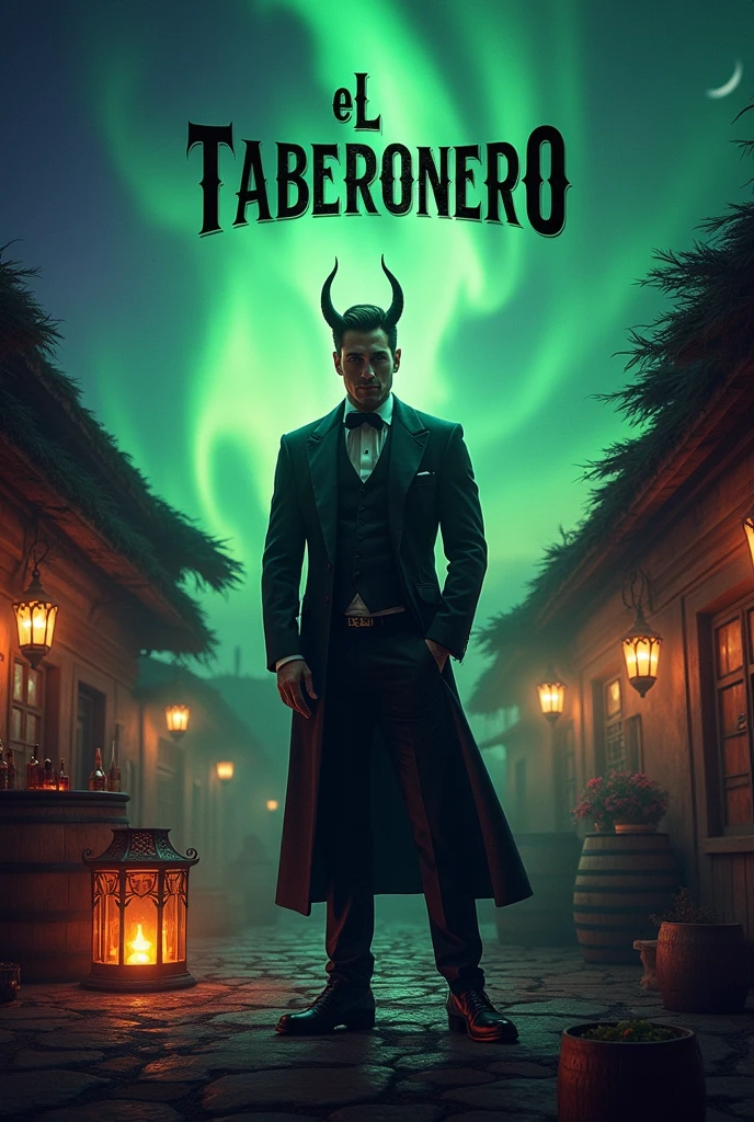 Create an advertising poster with the name El Tabernero, It's a liquor business with an aurora and red devil horns.