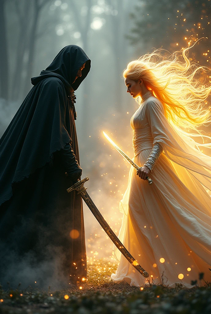 two characters (the first character is darkness and the second is light) facing off with katanas