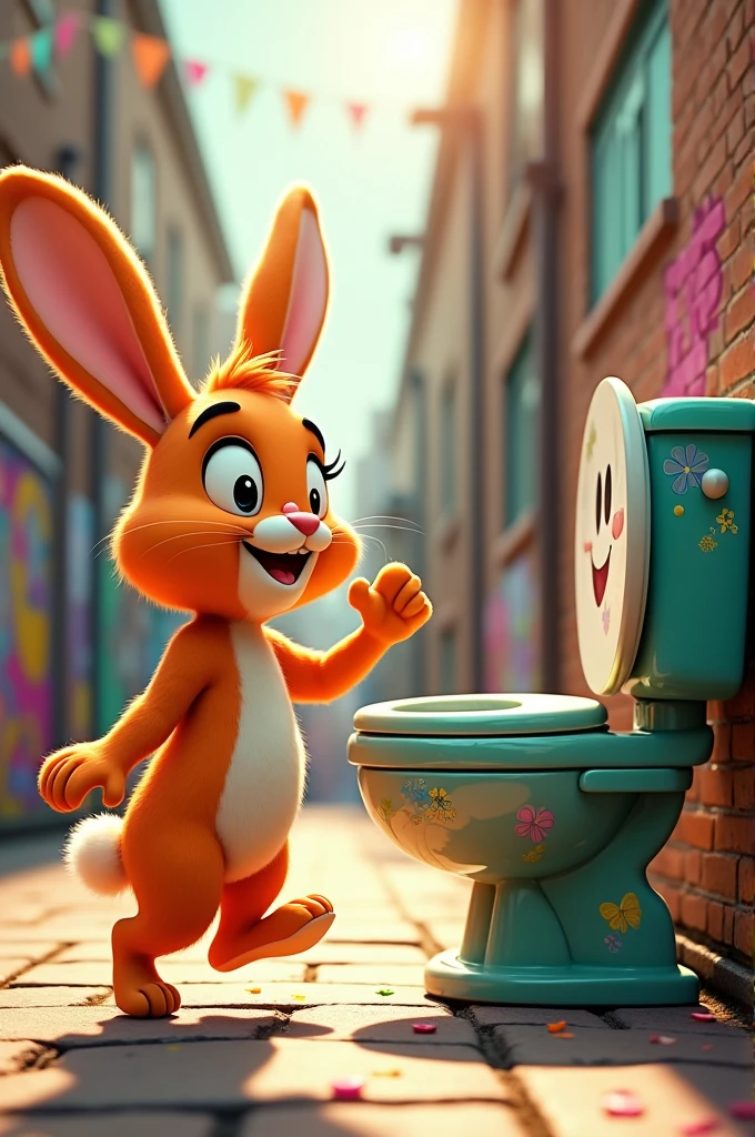 Generate a rabbit saying hello to a skibidi toilet

