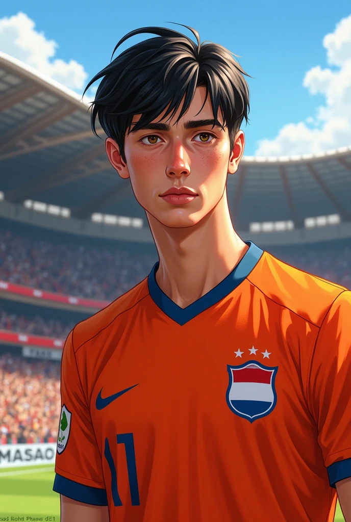 Draw a very handsome young man 18 years old with a Dutch which is dominated by Dutch look, face with the following characteristics: jet black hair with a middle part with thin bangs, bright brown eyes that radiate intelligence and calmness and coldness, and white skin like european and strong Physique. Draw him wearing the Dutch Orange jersey, complete with the official design and back number. His body should look well-trained, highlighting strong and flexible muscles. Show a confident and humble expression, as if he is preparing to compete on the field. Focus on the details of the face and the elements of the jersey to create a realistic and dynamic look."