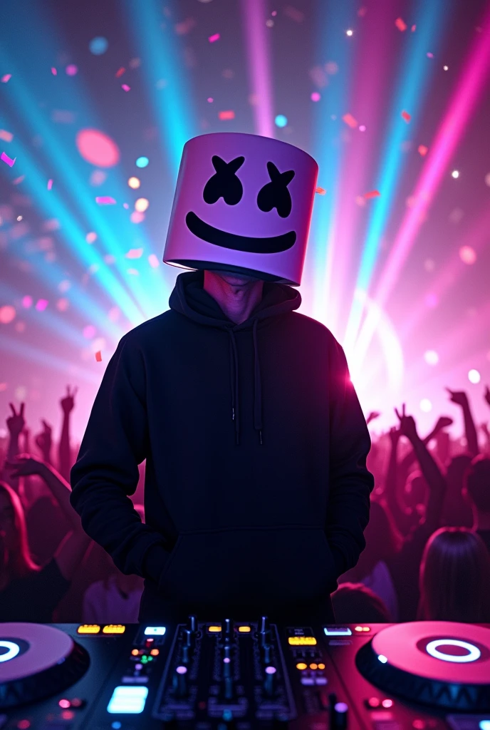 Ai image of marshmello ,smiling , standing and posing in dj night