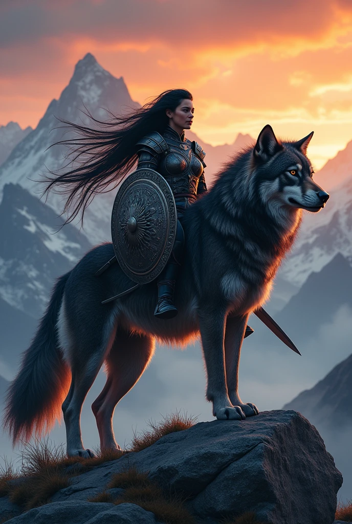 Nordic woman with black hair, dressed in Valkyrie armor, holding a sword and shield, riding a giant wild wolf standing on its hind legs, in the mountains at sunset