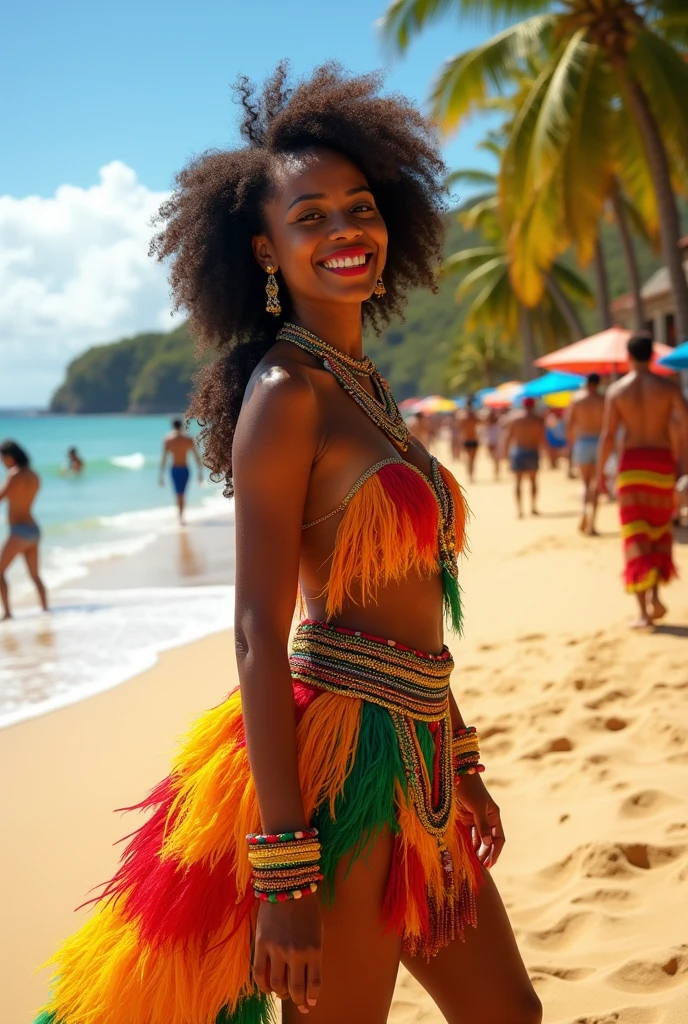 An Afro-Ecuadorian woman from the Esmeraldas province of Ecuador, wearing her traditional costume on a beach, full body stop in the sand, celebrating at a festival.