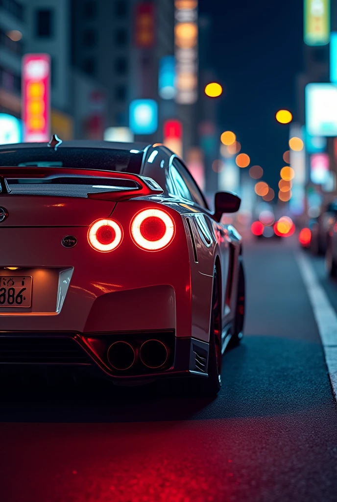 4k picture of a nissan gtr car at night up close and slightly tilted upward on the back lights