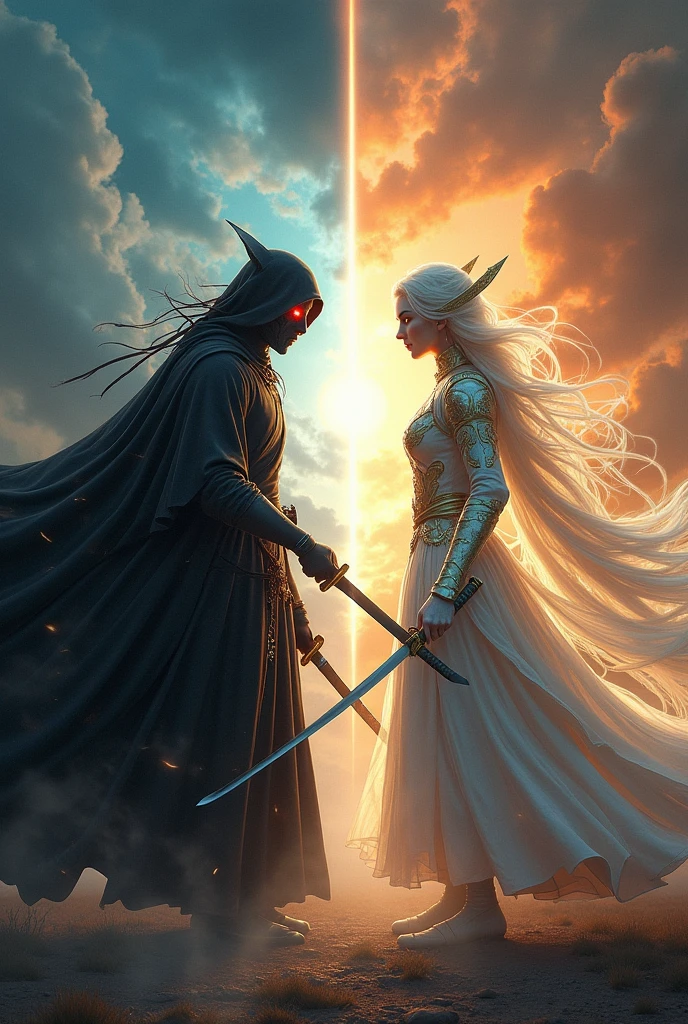 two characters (the first character is darkness and the second is light) facing off with katanas