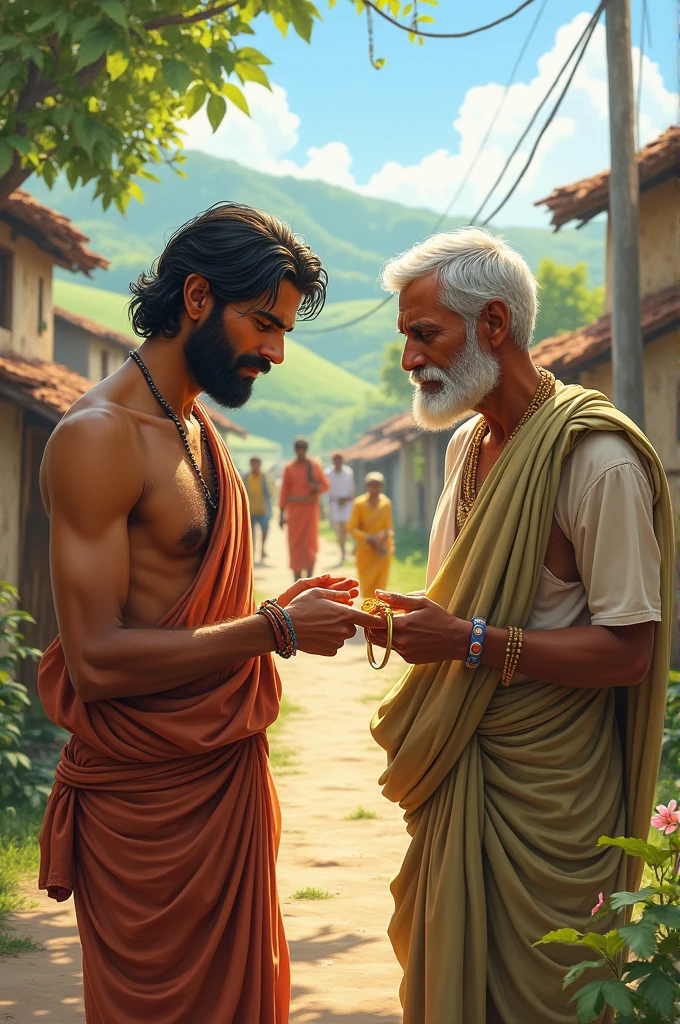 Scene in the Village: A small, peaceful village surrounded by fields. In the foreground, a simple yet honest-looking man named Ramesh, holding a gleaming gold ring, appears deep in thought. The village chief stands nearby, listening intently. The background features villagers going about their day, with a hint of curiosity in their eyes.