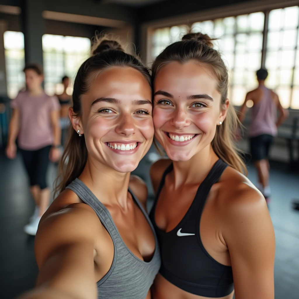 21 year old Brunette Instagram influencer, taking a selfie with an 18 year old  friend at the gym, small Nike logo on sport bra, using an iPhone 15 Pro Max, cute smile, working out, a couple people in background