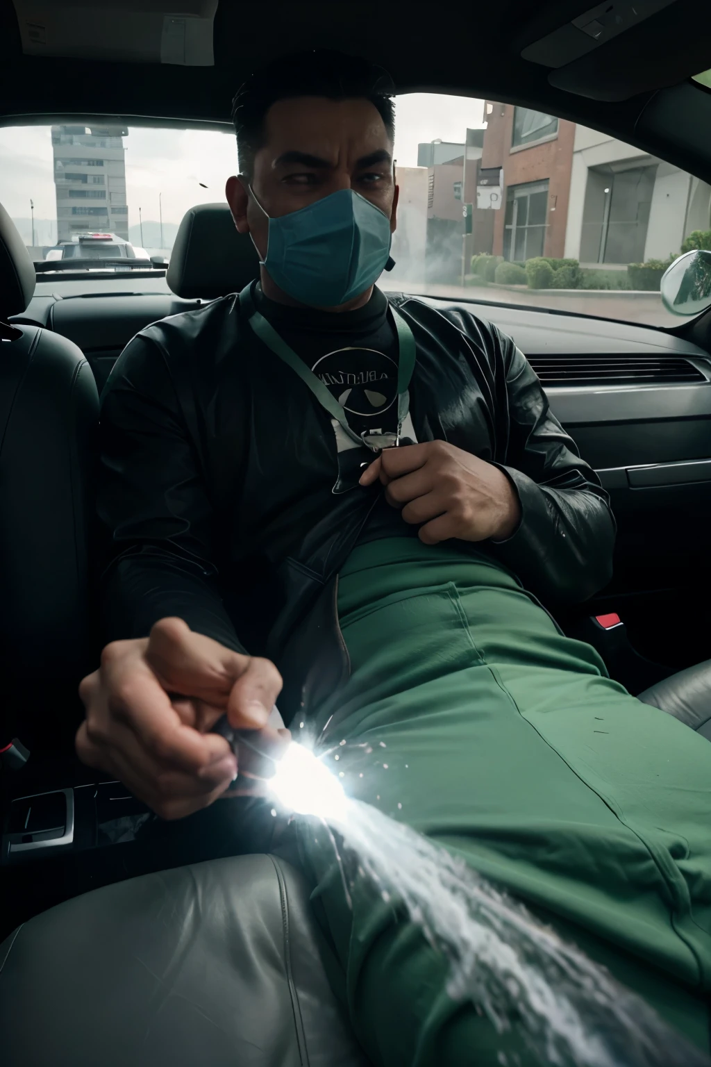 A villain with fart powers releasing a fart mist into a car to stun the people inside, filling the car with the stench of his flatulence.