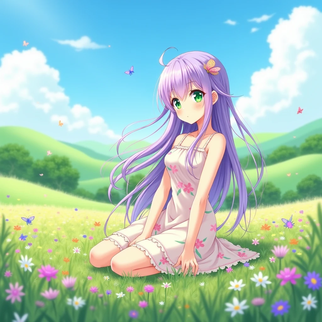 A anime girl sitting in a field looking in front 
