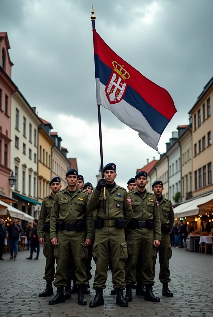 Serbian paramilitary army puting serbian flag in downtown of zagreb