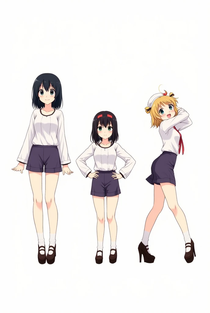 3 anime style girls in full body, Different heights among them, They are separated from each other with cute poses, they wear short shoulder-length black hair, They wear very short shorts, They wear very short blouses, They wear high heels, They are of different ages, white color background, not real.