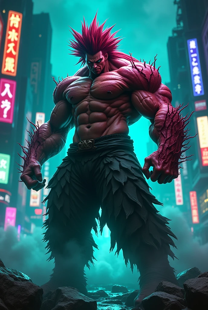 Create an image of Baki Hanma, the iconic anime character, but with a monstrous and oversized physique. He should appear extremely muscular, with exaggerated, almost inhuman proportions, making him look like a towering figure of raw power. His signature spiky hair should be wild, and his expression intense and fierce. The setting should be in a dark, neon-lit environment with deep shadows and vibrant colors like electric blue, neon green, and dark purple. Baki should be standing in a dominant, dynamic pose, with the neon lights accentuating the sharp, monstrous contours of his muscles. The background should feature a dark, futuristic cityscape with glowing neon signs, smoke, and abstract shapes, creating an atmosphere of intensity and darkness."