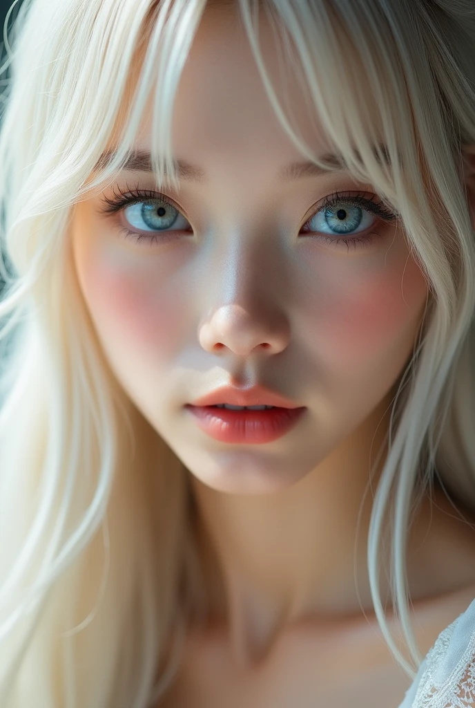 (a closeup:1.4)、(RAW shooting:1.2)、(Photorealsitic:1.4)、(​masterpiece:1.3)、(top-quality:1.4)、bright expression、extremely beautyful girl、Extraordinary beautiful girl、Detailed cute and beautiful face、Beautiful bangs、Glowing white shiny skin、facial hairs、Bangs that extend to the face、Bangs between the eyes、Super long hair、Attractive light and dark platinum blonde super long straight silky hainer hair、Attractive glowing beautiful bright clear light blue big eyes、Luxurious dresses、Double eyelids、Lush bust、The upper part of the body、