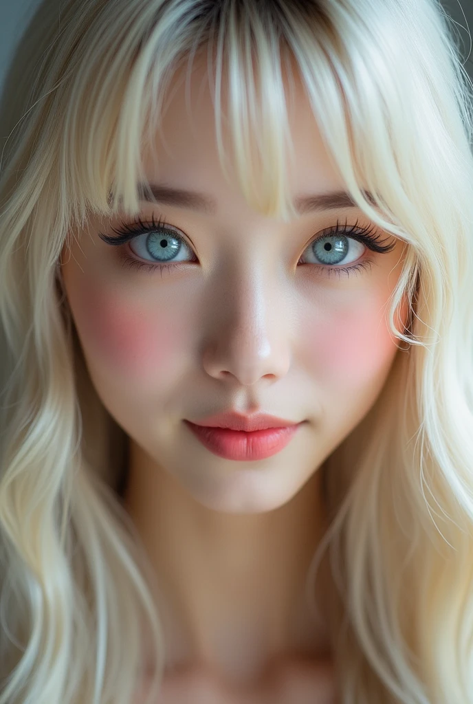 (a closeup:1.4)、(RAW shooting:1.2)、(Photorealsitic:1.4)、(​masterpiece:1.3)、(top-quality:1.4)、bright expression、extremely beautyful girl、Extraordinary beautiful girl、Detailed cute and beautiful face、Beautiful bangs、Glowing white shiny skin、facial hairs、Bangs that extend to the face、Bangs between the eyes、Super long hair、Attractive light and dark platinum blonde super long straight silky hainer hair、Attractive glowing beautiful bright clear light blue big eyes、Luxurious dresses、Double eyelids、Lush bust、The upper part of the body、