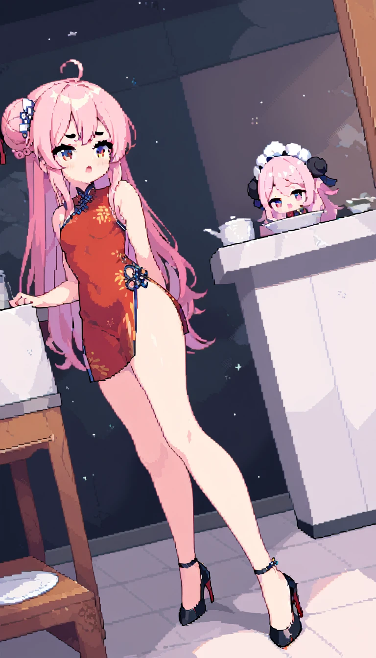 masterpiece, Highest quality, 8k, Pixel art, Pixel art, Vivid, ((1girl)), young woman, I'm about to drop a lot of dishes., Panic, Sweating, cute, Turning at an angle, Open your mouth, Fluffy hair, Long Hair, Hair like sheep's hair, Pink Hair, eyebrow, 太いeyebrow, China dress, Chignon Cap, High heels, (Highest quality:1.0), (China Hotel)