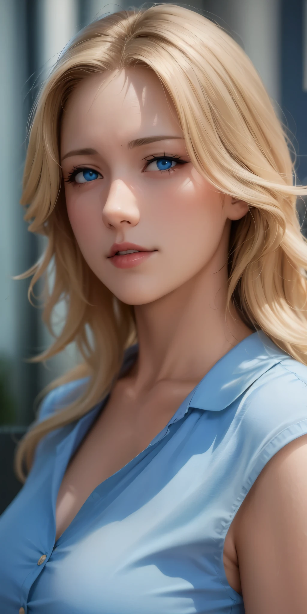 Elegant mature female, blue eyes, blonde hair, soft light, 4k resolution, high quality, beautiful cg