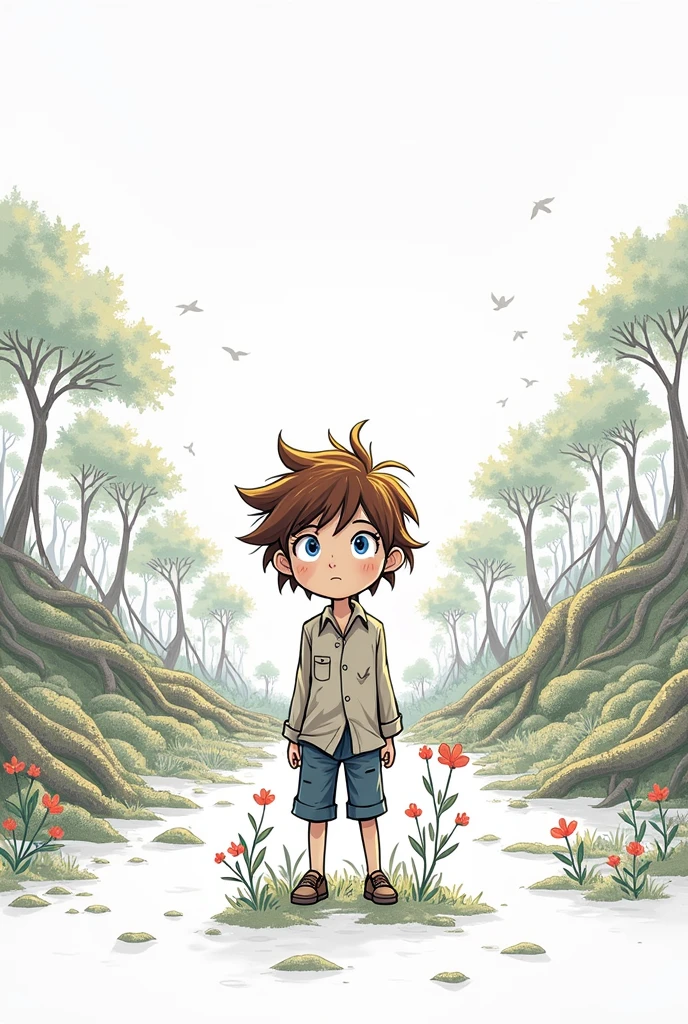 Create an image of a boy lost in a large forest.