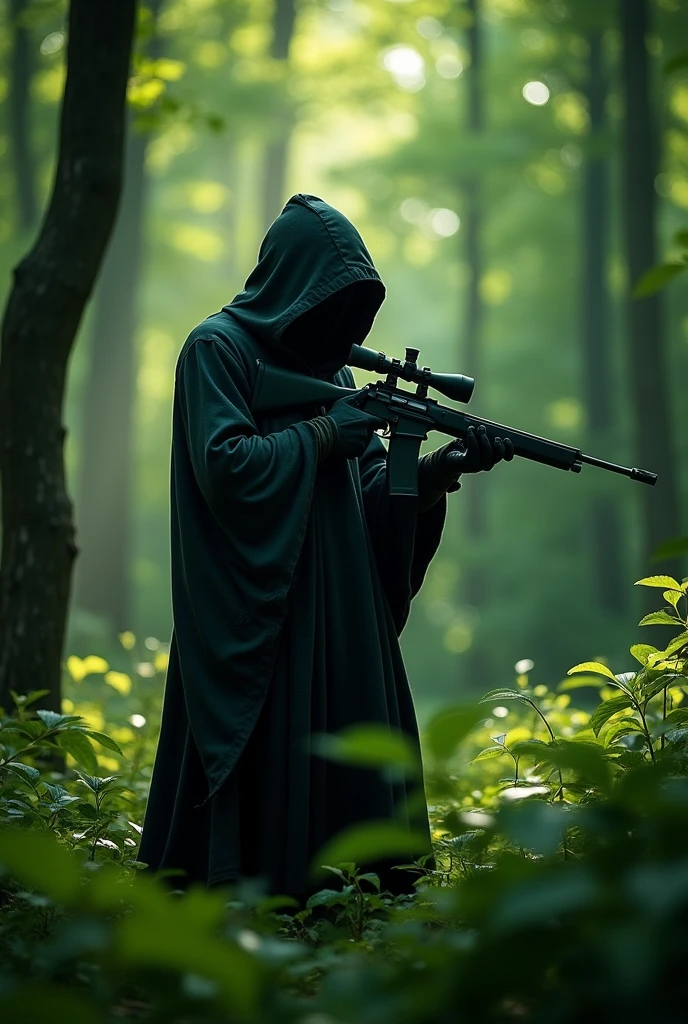 Hunted with black hood, holding a snipe , with green background