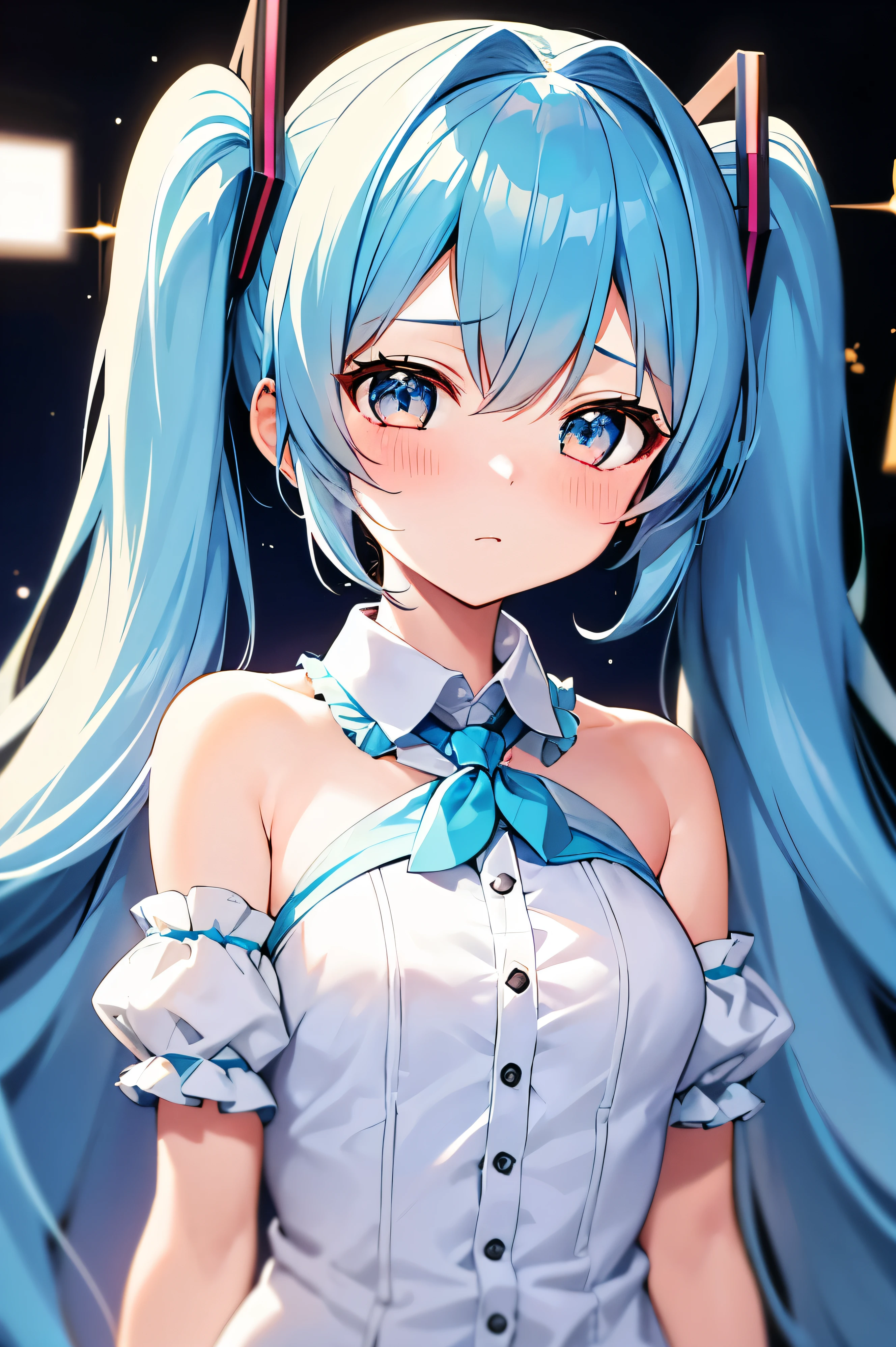 Twin tails, sight, Long Hair, One Girl, blush, bangs, Simple Background, Headpiece, 目の間のbangs, Shut your mouth., Blue Hair/Light blue hair, Hatsune Miku Sparkle Effect, 